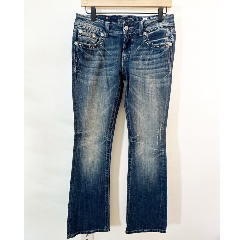 Miss Me Jeans Distressed Boot Cut Women’s Bling Fleur Rhinestone Size 28